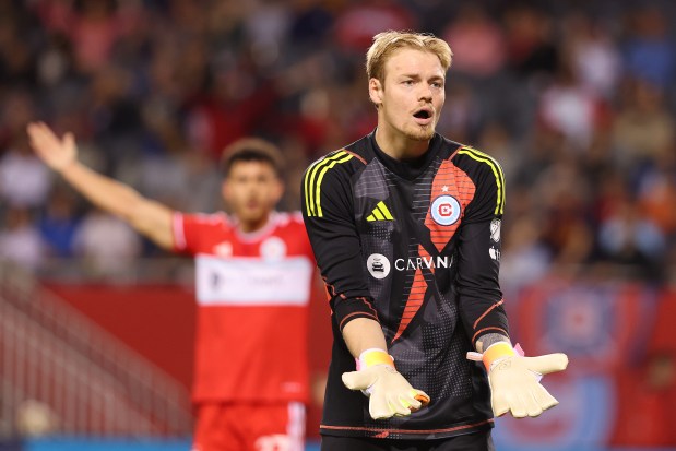 Fire goalie Chris Brady reacts to a foul call against Atlanta United on April 27, 2024, at Soldier Field. (Michael Reaves/Getty Images)