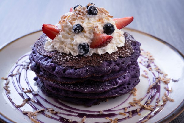 Ube pancakes at Bayan Ko Diner, Thursday, June 27, 2024. (E. Jason Wambsgans/Chicago Tribune)