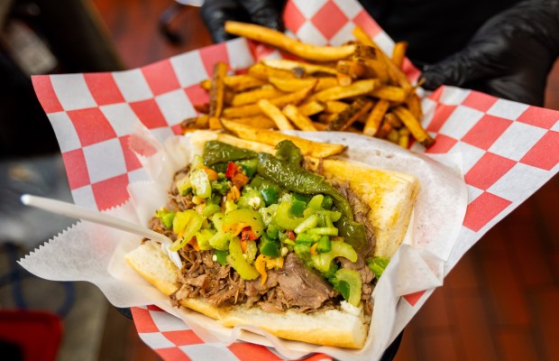 Italian beef with homemade giardiniera and french fries at Carm's Beef and Italian Ice holds on July 25, 2024. (Tess Crowley/Chicago Tribune)