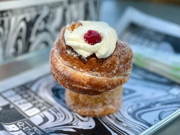 Raspberry sweet tea cruffin at Publican Quality Bread in Oak Park near Chicago on July 14, 2024 (Louisa Kung Liu Chu/Chicago Tribune)