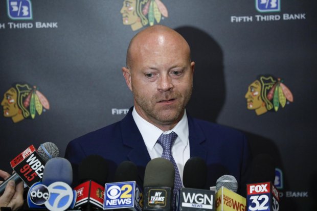 Blackhawks general manager Stan Bowman speaks to the media on the first day of training camp at Fifth Third Arena on Sept. 13, 2019. (Jose M. Osorio/Chicago Tribune)