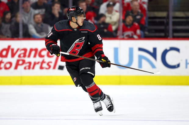 Teuvo Teräväinen of the Hurricanes skates against the Avalanche on Feb. 8, 2024, in Raleigh, N.C. (Jared C. Tilton/Getty Images/TNS)