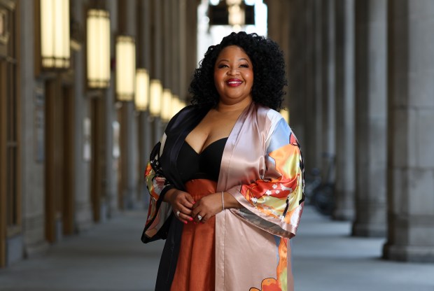 Lyric Opera artist-in-residence Karen Slack stands outside the Civic Opera House on July 15, 2024. (Eileen T. Meslar/Chicago Tribune)