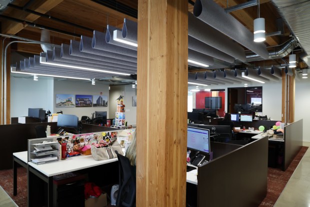 The interior of Summit Design + Build shows wood features at 1036 W. Fulton Market in Chicago, July 18, 2024. (Terrence Antonio James/Chicago Tribune)