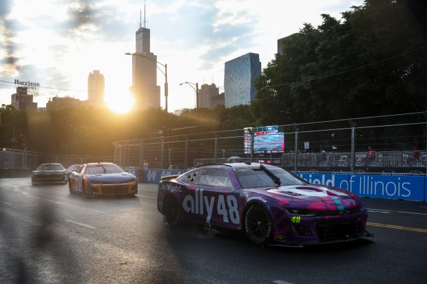 Alex Bowman races down Balbo Drive during the NASCAR Chicago Street Race in Grant Park on July 7, 2024. (Eileen T. Meslar/Chicago Tribune)