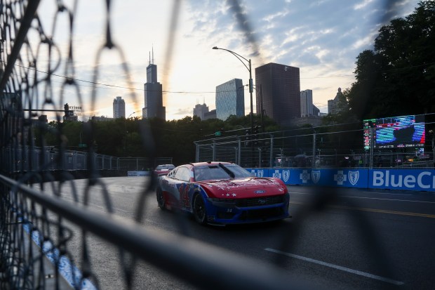 Chase Briscoe races down Balbo Drive during the NASCAR Chicago Street Race in Grant Park on July 7, 2024. (Eileen T. Meslar/Chicago Tribune)