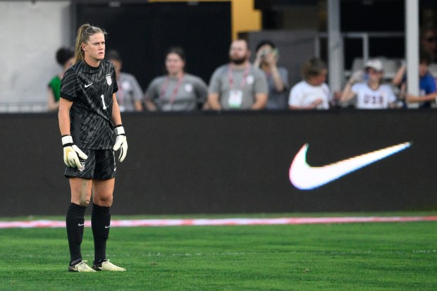 U.S. goalkeeper Alyssa Naeher in action during the first half of an international friendly against Costa Rica on July 16, 2024, in Washington. (AP Photo/Nick Wass)