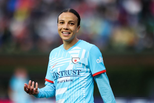 Chicago Red Stars forward Mallory Swanson speaks to the referee during a game against Bay FC at Wrigley Field on June 8, 2024. (Eileen T. Meslar/Chicago Tribune)