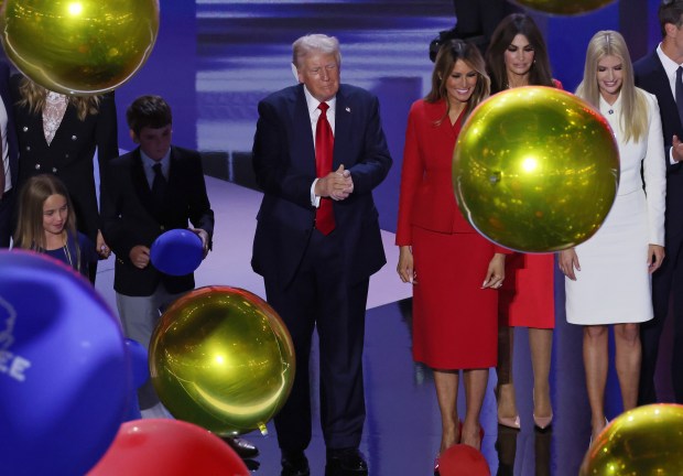 Donald Trump and family gather after he accepted the GOP presidential nomination at the Republican National Convention, July 18, 2024, in Milwaukee. (John J. Kim/Chicago Tribune)