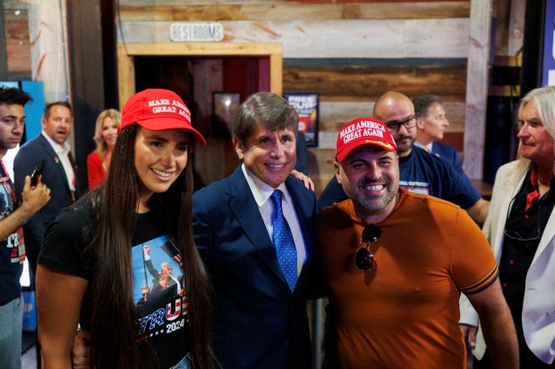 Former Illinois Gov. Rod Blagojevich speaks with attendees during a Serbs for Trump 2024 event at the RWB Milwaukee bar during the Republican National Convention, July 17, 2024, in Milwaukee. (Armando L. Sanchez/Chicago Tribune)