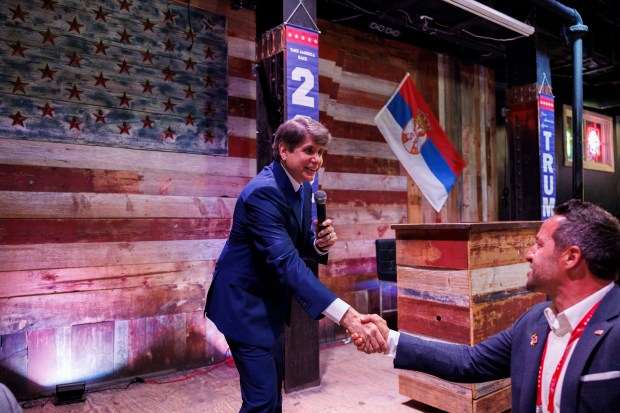 Former Illinois Gov. Rod Blagojevich speaks with attendees during a Serbs for Trump 2024 event at RWB Milwaukee bar during the Republican National Convention on July 17, 2024, in Milwaukee. (Armando L. Sanchez/Chicago Tribune)