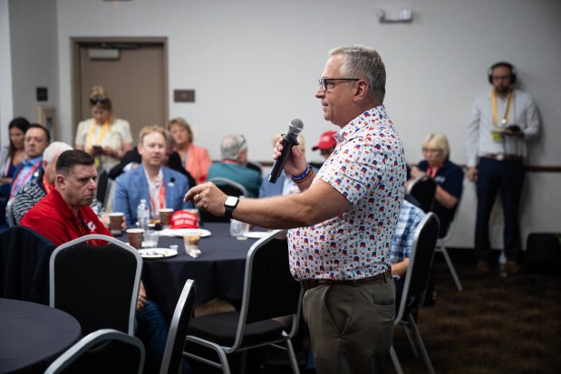 US Rep Mike Bost, 12th district, speaks at the Illinois Republican Party Delegation Breakfast, in Oak Hill, Wisconsin at the start of the Republican National Convention on July 15, 2024. (E. Jason Wambsgans/Chicago Tribune)