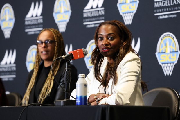 Chicago Sky operating chair and co-owner Nadia Rawlinson, right, speaks about the hiring of coach Teresa Weatherspoon on Oct. 24, 2023, at Wintrust Arena. (Eileen T. Meslar/Chicago Tribune)