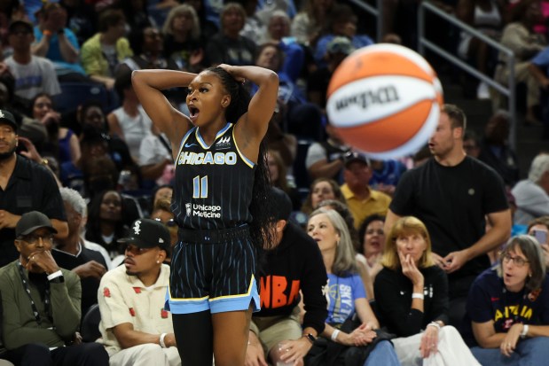 Sky guard Dana Evans reacts after she was called for a foul against the Fever on June 23, 2024, at Wintrust Arena. (Eileen T. Meslar/Chicago Tribune)