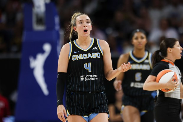 Sky guard Marina Mabrey protests a foul called against her during a game against the Fever on June 23, 2024, at Wintrust Arena. (Eileen T. Meslar/Chicago Tribune)