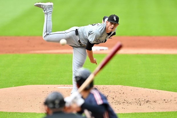 White Sox starter Chris Flexen pitches to Steven Kwan of the Guardians during the first inning Tuesday, July 2, 2024, in Cleveland. (Jason Miller/Getty Images)