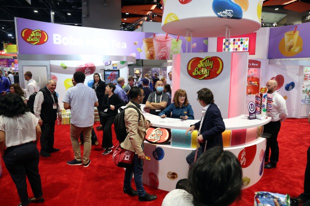 The Jelly Belly booth at the Sweets and Snacks Expo at McCormick Place attracted expo goers, May 23, 2023. (Terrence Antonio James/Chicago Tribune)