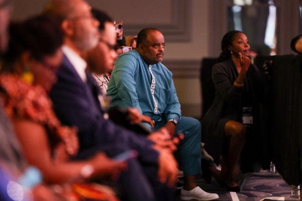 Attendees react as former President Donald Trump answers a question during a Q and A at the National Association of Black Journalists Annual Convention and Career Fair at Hilton Chicago in the Loop on July 31, 2024. (Eileen T. Meslar/Chicago Tribune)