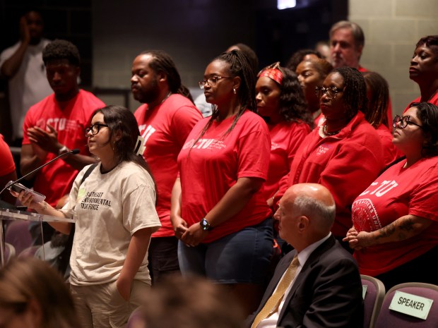 Berenice Padilla speaks during public comment at a Chicago Board of Education meeting on the budget and other pertinent issues on July 25, 2025, at Jones College Prep, in Chicago. (Antonio Perez/Chicago Tribune)