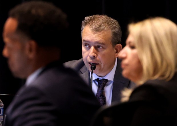 Chicago Public Schools CEO Pedro Martinez speaks during the Chicago Board of Education meeting on the budget and other pertinent issues on July 25, 2025, at Jones College Prep in Chicago. (Antonio Perez/Chicago Tribune)