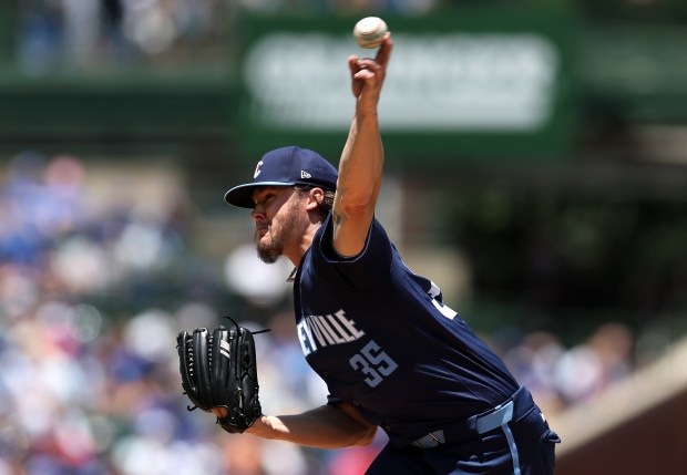 Cubs starter Justin Steele delivers to the Angels in the first inning on July 5, 2024, at Wrigley Field. (Chris Sweda/Chicago Tribune)