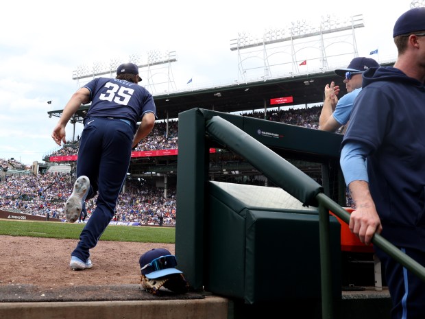 Cubs starter Justin Steele heads out to work the sixth inning on July 5, 2024, at Wrigley Field. (Chris Sweda/Chicago Tribune)