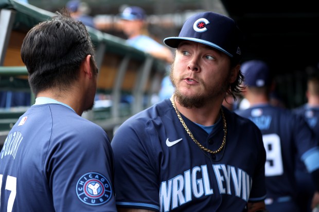 Cubs starther Justin Steele walks through the dugout after finishing off the Angels in the sixth inning on July 5, 2024, at Wrigley Field. (Chris Sweda/Chicago Tribune)