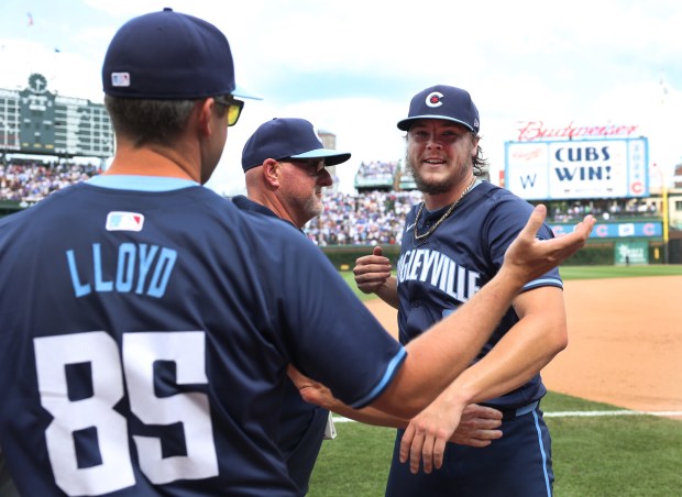 Cubs starter Justin Steele, right, celebrates his complete-game victory over the Angels on July 5, 2024, at Wrigley Field. (Chris Sweda/Chicago Tribune)