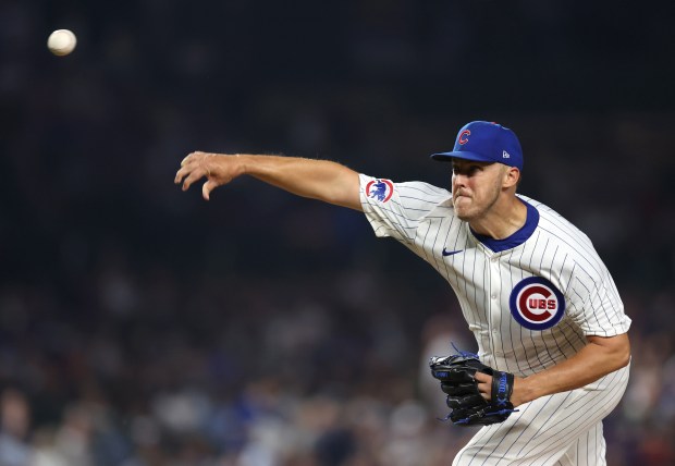 Chicago Cubs starting pitcher Jameson Taillon delivers to the Milwaukee Brewers in the first inning of a game at Wrigley Field in Chicago on July 23, 2024. (Chris Sweda/Chicago Tribune)