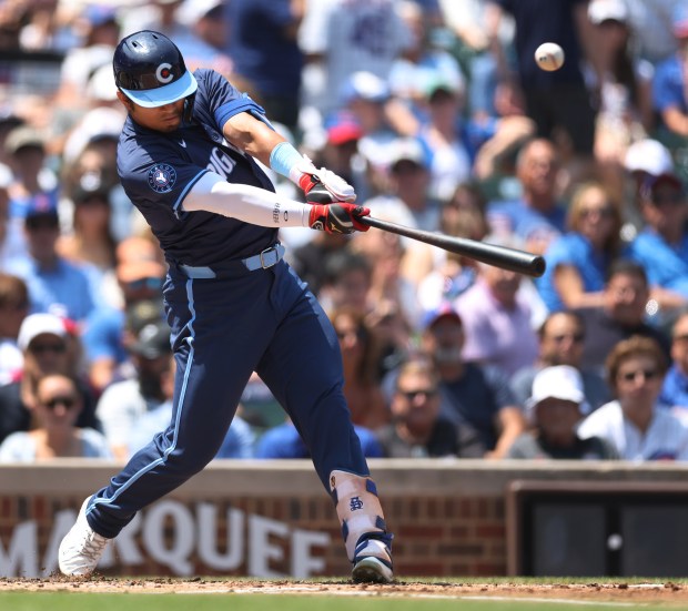 Cubs right fielder Seiya Suzuki flies out to right field in the first inning on July 19, 2024, at Wrigley Field. (Chris Sweda/Chicago Tribune)