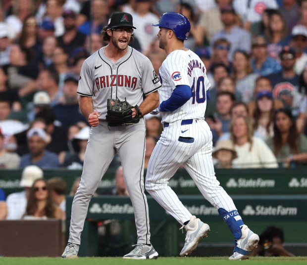 Arizona Diamondbacks pitcher Zac Gallen (23) celebrates after Chicago Cubs designated hitter Mike Tauchman (40) grounded out with the bases loaded to end the fifth inning of a game at Wrigley Field in Chicago on July 20, 2024. (Chris Sweda/Chicago Tribune)