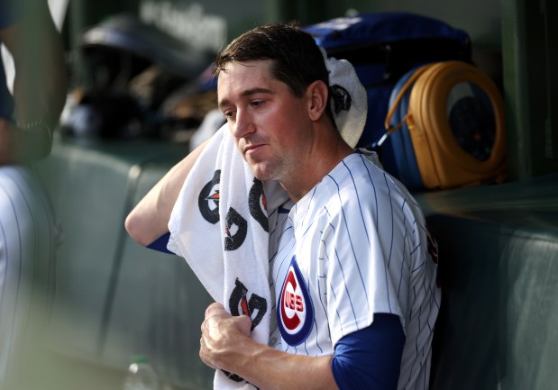 Chicago Cubs starting pitcher Kyle Hendricks sits in the dugout after a 3-run fifth inning for the Arizona Diamondbacks at Wrigley Field in Chicago on July 20, 2024. (Chris Sweda/Chicago Tribune)