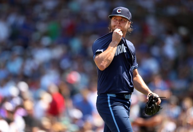 Cubs starter Justin Steele walks to the dugout after being pulled from the game in the fifth inning against the Diamondbacks on July 19, 2024, at Wrigley Field. (Chris Sweda/Chicago Tribune)