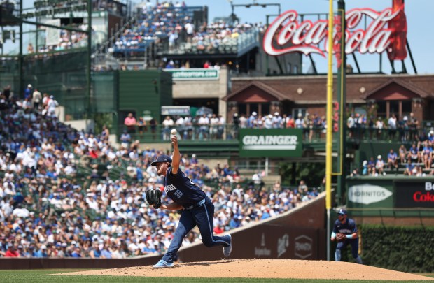 Cubs starter Justin Steele delivers to the Diamondbacks in the second inning on July 19, 2024, at Wrigley Field. (Chris Sweda/Chicago Tribune)