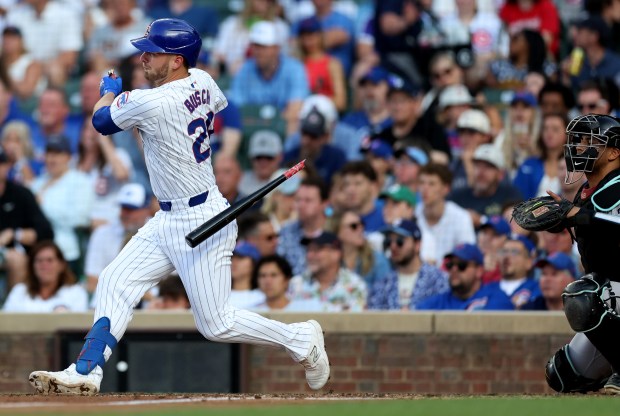 Chicago Cubs first baseman Michael Busch breaks his bat as he grounds out in the third inning of a game against the Arizona Diamondbacks at Wrigley Field in Chicago on July 20, 2024. (Chris Sweda/Chicago Tribune)