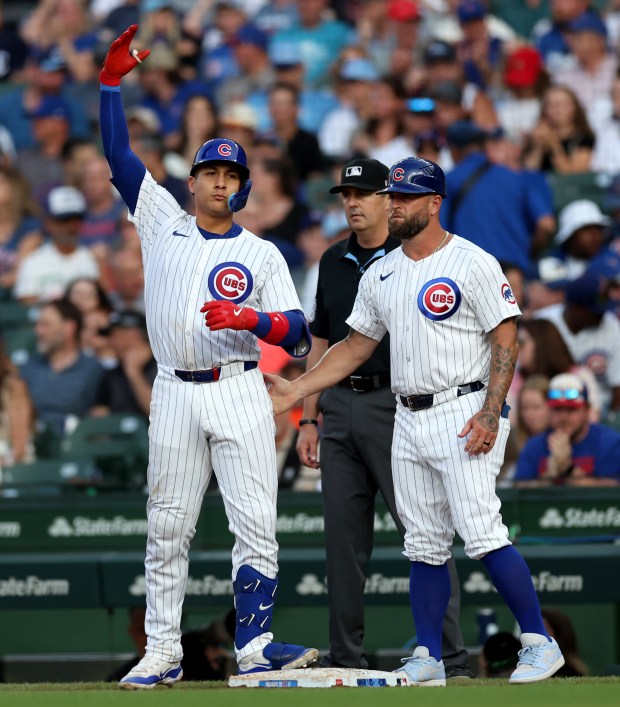 Chicago Cubs catcher Miguel Amaya celebrates after his single in the fourth inning of a game against the Arizona Diamondbacks at Wrigley Field in Chicago on July 20, 2024. (Chris Sweda/Chicago Tribune)