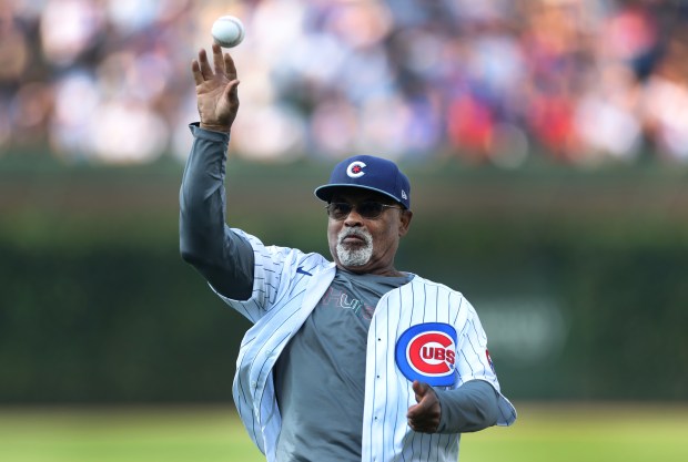 Former Chicago Cubs player Bill Madlock throws out a ceremonial first pitch before a game between the Cubs and the Arizona Diamondbacks at Wrigley Field in Chicago on July 20, 2024. (Chris Sweda/Chicago Tribune)