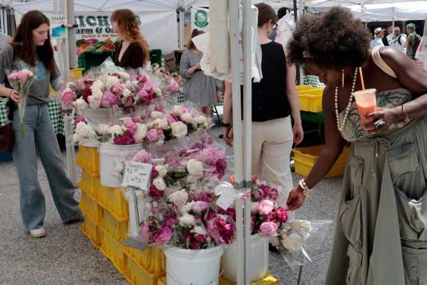 Shoppers check out the flowers at the farmers market at Daley Plaza in downtown Chicago on June 13, 2024. (Antonio Perez/Chicago Tribune)