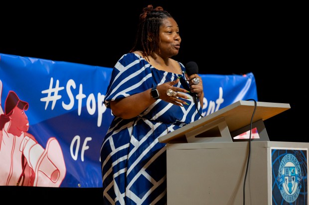 Ald. Jeanette B. Taylor, 20th, speaks during a Community Benefits Agreement (CBA) Coalition meeting held to discuss rising rents and property taxes on June 22, 2024, at Hyde Park Academy High School in Chicago. (Vincent Alban/Chicago Tribune)