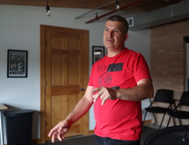 Javier Macedo describes his work skills and experiences during a meeting at Arise Chicago, an organization that advocates for workers' rights through education and organizing on June 25, 2024, in Chicago. (John J. Kim/Chicago Tribune)