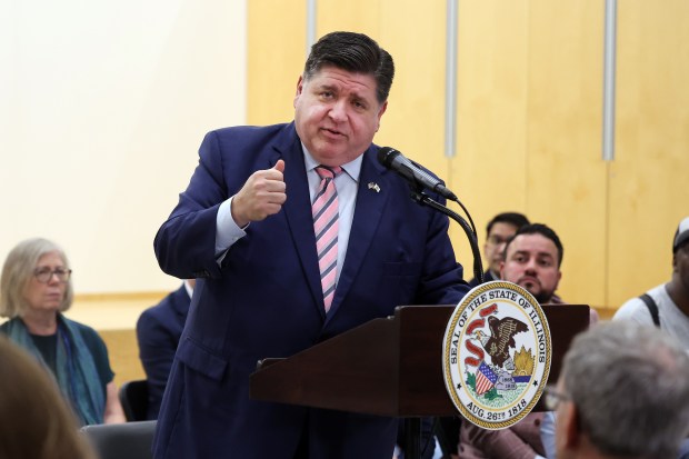 Illinois Gov. J.B. Pritzker on July 29, 2024, at the Greater Chicago Food Depository in Chicago. (Terrence Antonio James/Chicago Tribune)