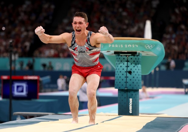 Team USA's Paul Juda reacts after performing on the vault during the men's gymnastics team finals on July 29, 2024, in Paris, France. (Brian Cassella/Chicago Tribune)