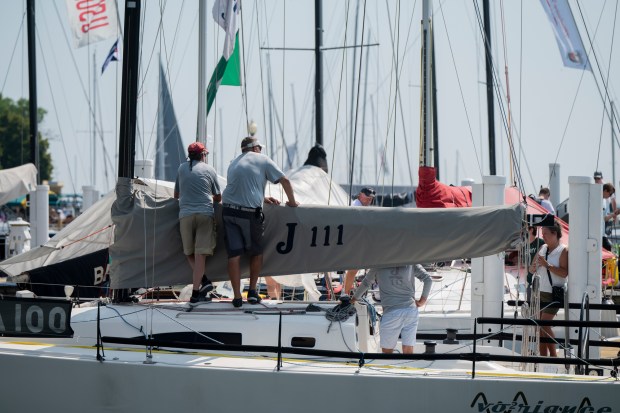 Boat crews wait for the start of the Race to Mackinac on Saturday, July 13, 2024, at the Chicago Yacht Club in Chicago. (Vincent Alban/for Chicago Tribune)