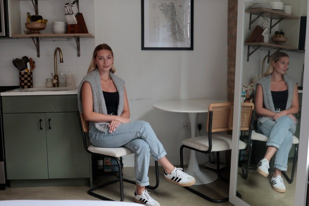 Alexa Kosior inside her rental apartment in the West Loop on July 22, 2024. When Kosior found out rent was going up on her 350-square-foot studio apartment, she posted a TikTok to voice her frustration. (Antonio Perez/Chicago Tribune)