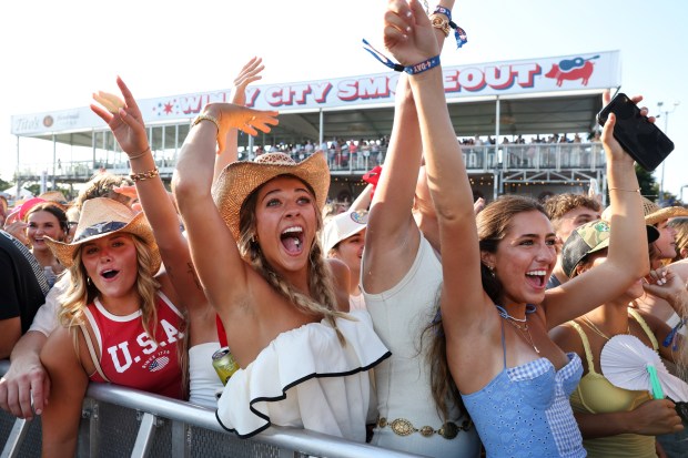 Fans dance and sing to a set by DJ Pauly D at the annual Windy City Smokeout outside of the United Center in Chicago on Friday, July 12, 2024. (Chris Sweda/Chicago Tribune)