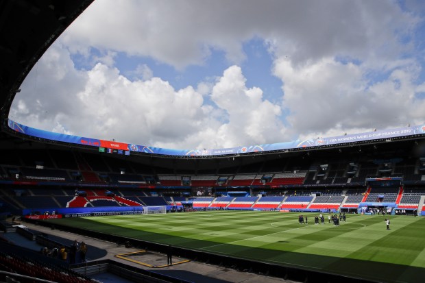 France players visit the Parc des Princes stadium a day before their Group A soccer match against South Korea at the Women's World Cup in Paris on June 6, 2019. (Alessandra Tarantino/AP)