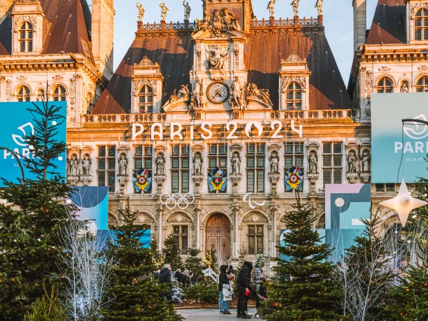 Signs for the upcoming 2024 Olympics at Hotel de Ville in Paris on Dec. 17, 2023. No (Joann Pai/The New York Times)