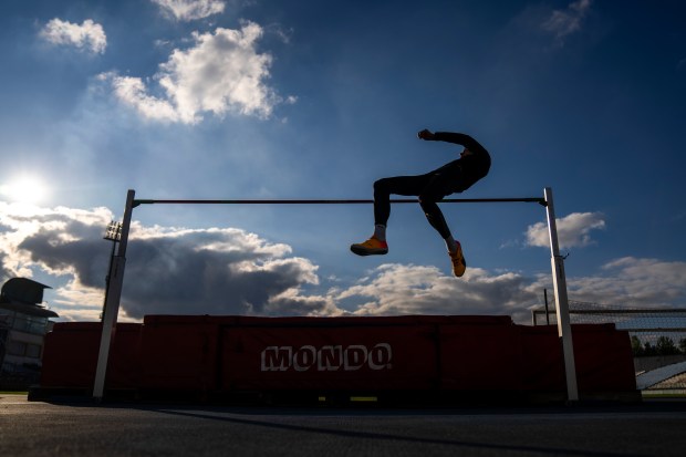 High jumper Oleh Doroshchuk trains at Zirka stadium, in Kropyvnytskyi, Ukraine, on April 19, 2024. (AP Photo/Francisco Seco)