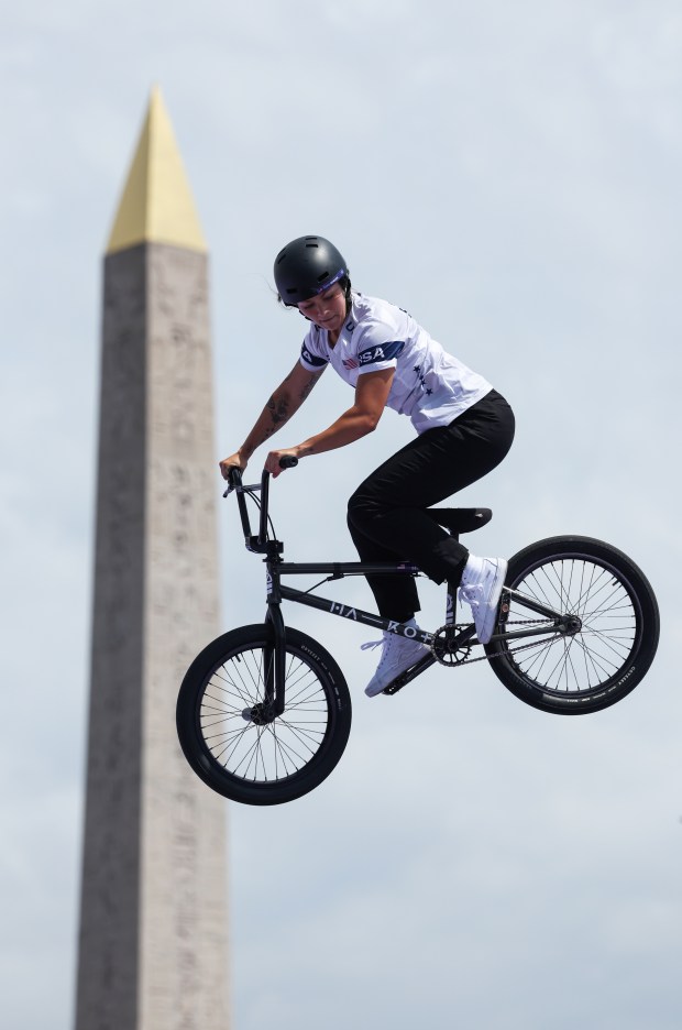 Perris Benegas of Team United States competes during the BMX Freestyle Women's Park Final - Round 1 on day five of the Olympic Games Paris 2024 at Place de la Concorde on July 31, 2024 in Paris, France. (Photo by Tim de Waele/Getty Images)