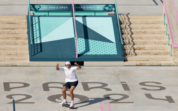 Jagger Eaton of Team United States reacts during the Men's Street Finals on day three of the Olympic Games Paris 2024 at Place de la Concorde on July 29, 2024 in Paris, France. (Photo by Patrick Smith/Getty Images)